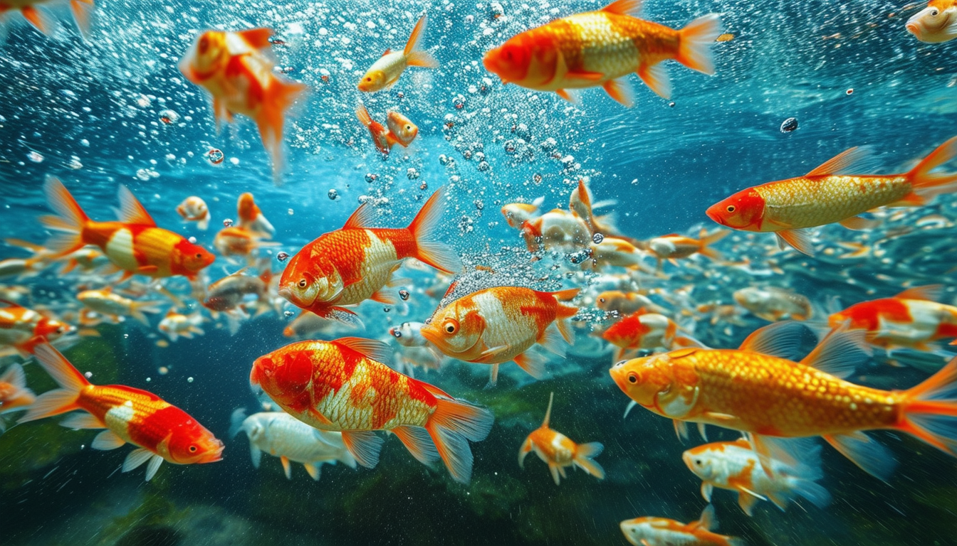 Gambar kolam ikan yang jernih dengan ikan-ikan yan